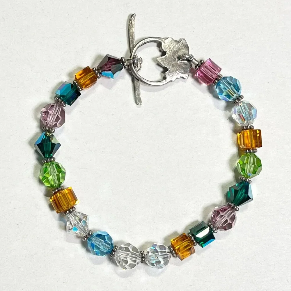 Crystal Bead Bracelet Silver Tone Floral Toggle Clasp Mixed Shapes Faceted Glass